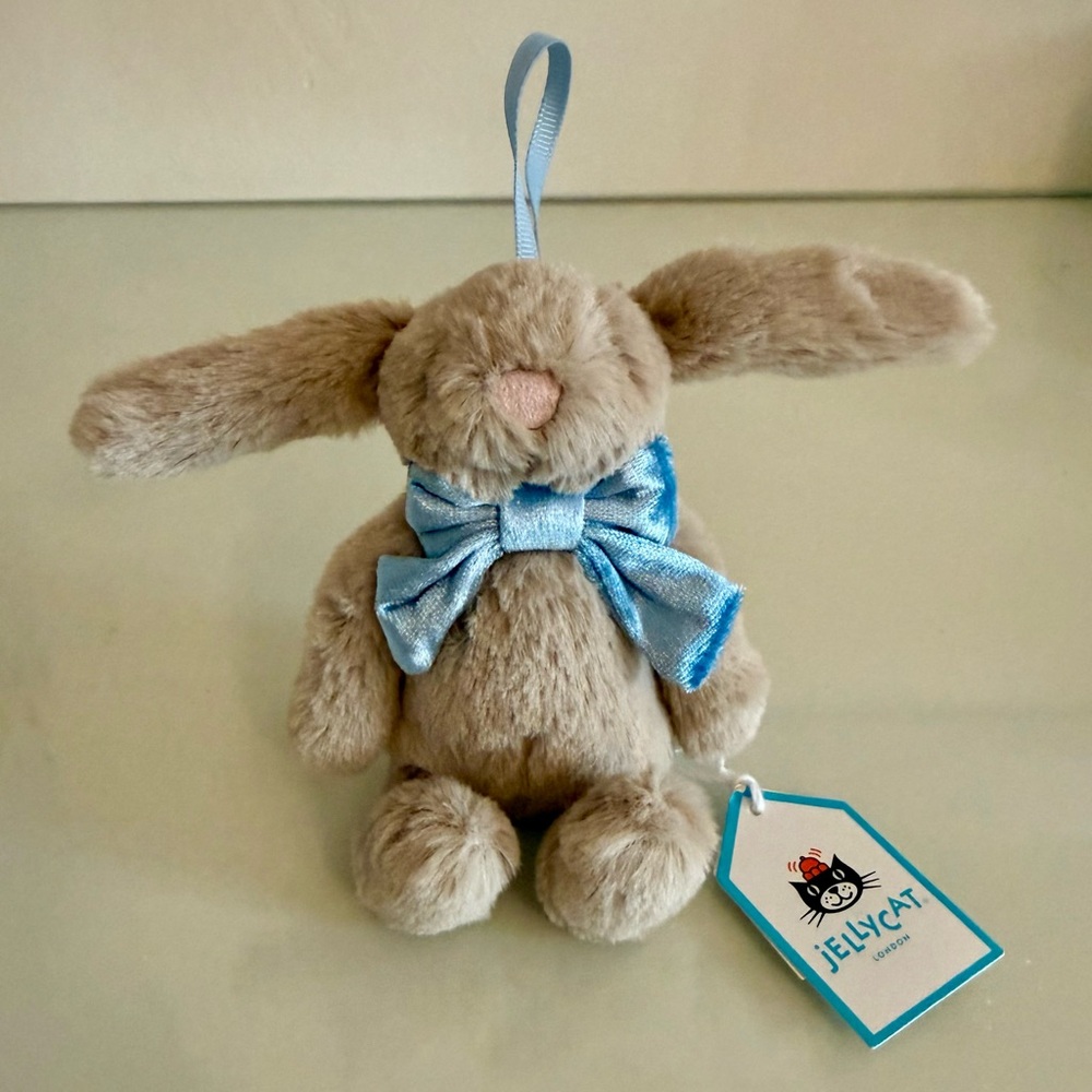 Jellycat Bashful Beige Bunny with Blue Velvet Bow
